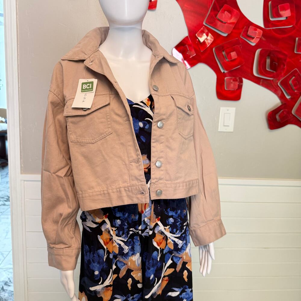 NWT COLZA Muted Pink Cropped Denim Jacket Corset Back BCI Cotton Size S Women’s